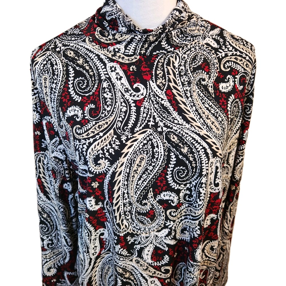 Susan Graver Womens XL Liquid Knit Turtleneck‎ Top Black White Red Paisley Shirt